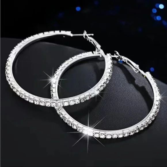 Large Full Rhinestone Hoop Earrings Silver - Picture 2 of 5